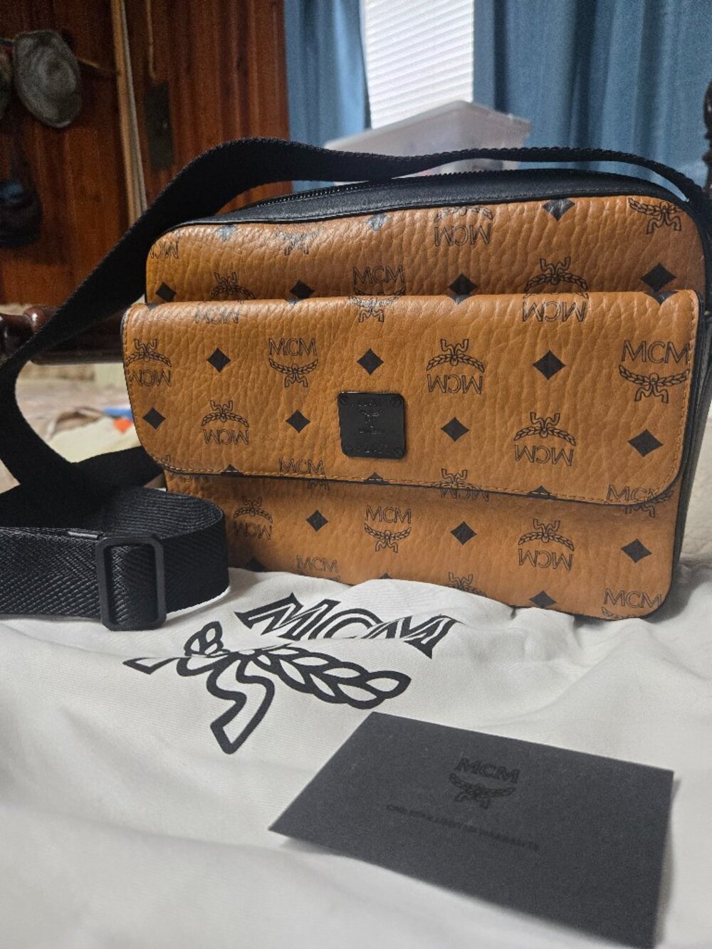 Authentic MCM Medium Aren Crossbody in Cognac